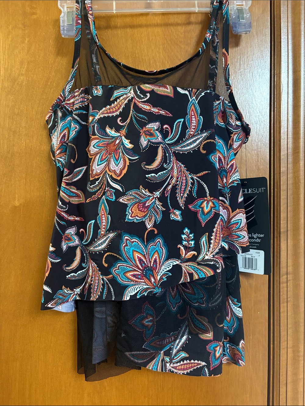 Miraclesuit Black Floral Paisley Layered Tankini Top with Teal and Rust Accents